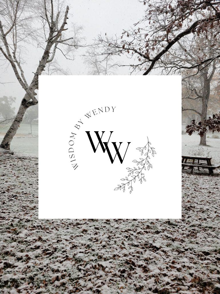 An image of snow covered trees, leaves, grass and a picnic table. In the background, it is hazy with more treese